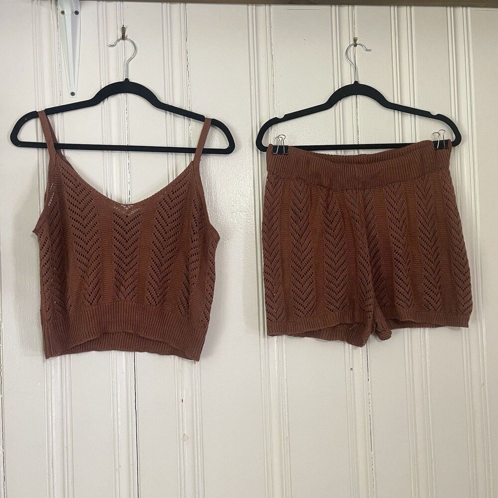 Almost Famous Women Brown Knit Crochet 2-Pcs Tank Top and Shorts Set Size XL
